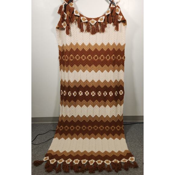 HANDMADE Crocheted Afghan Throw Blanket 81" x 36" Plus 4" Tassels Browns Cream - Picture 3 of 5